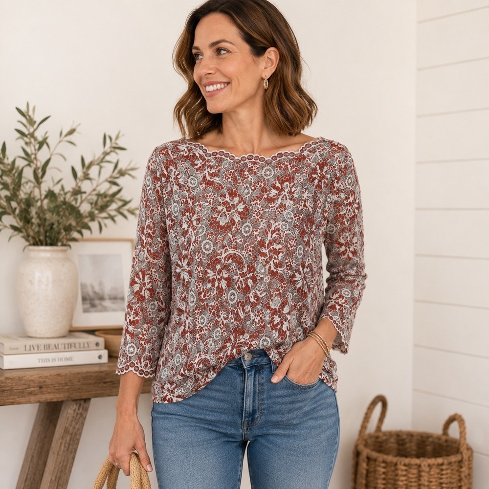 Ganni Sheer Floral Lace Mesh Top Red Gray Scandi Cool Girl Medium - Picture 2 of 11